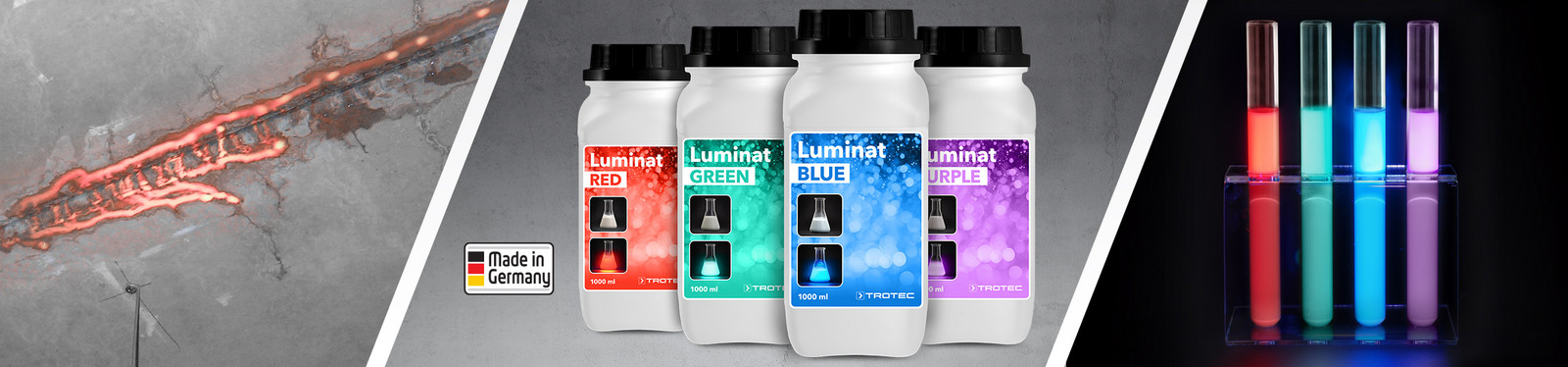 Kaçak yerlerinin tespitinde UV flüoresan uyarımı için Trotec Luminat serisinin flüoresan boyaları